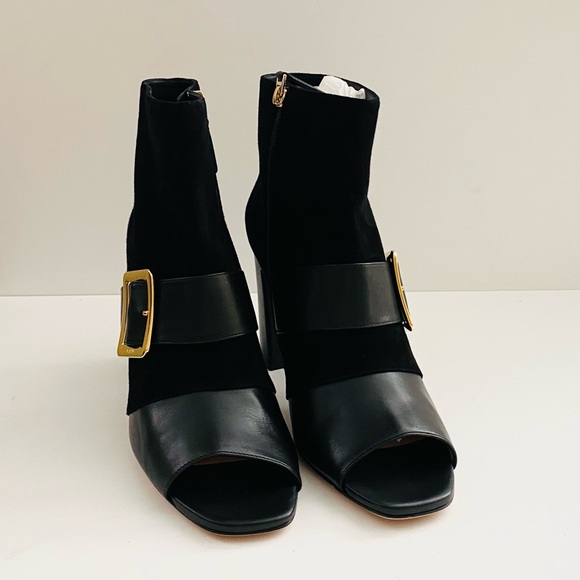 Black BALLY Jaydee Peep-Toe Suede Leather Booties with Buckles 3.5" Heels - Picture 4 of 9